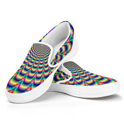 Psychedelic Explosion Optical Illusion White Slip On Sneakers