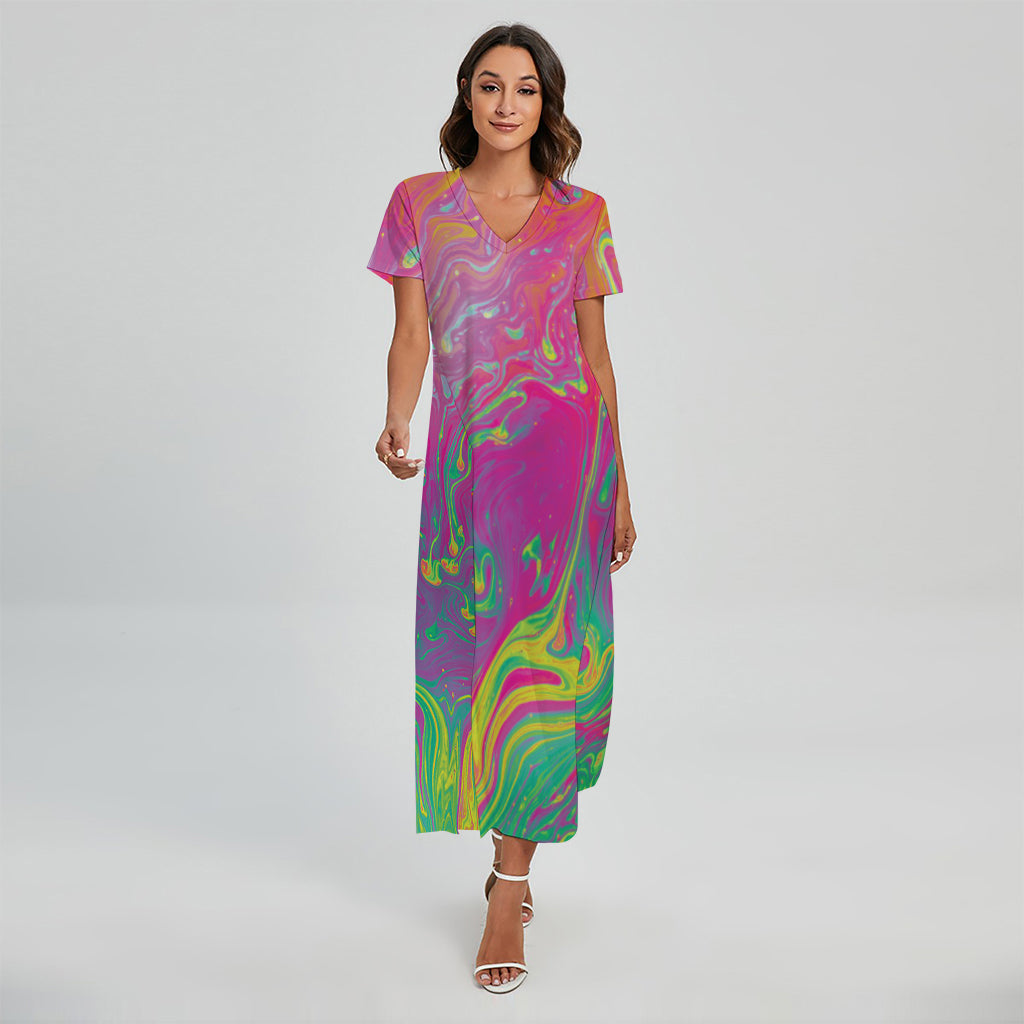 Psychedelic Formed Print Short Sleeve Maxi Dress