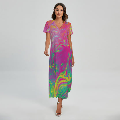 Psychedelic Formed Print Short Sleeve Maxi Dress