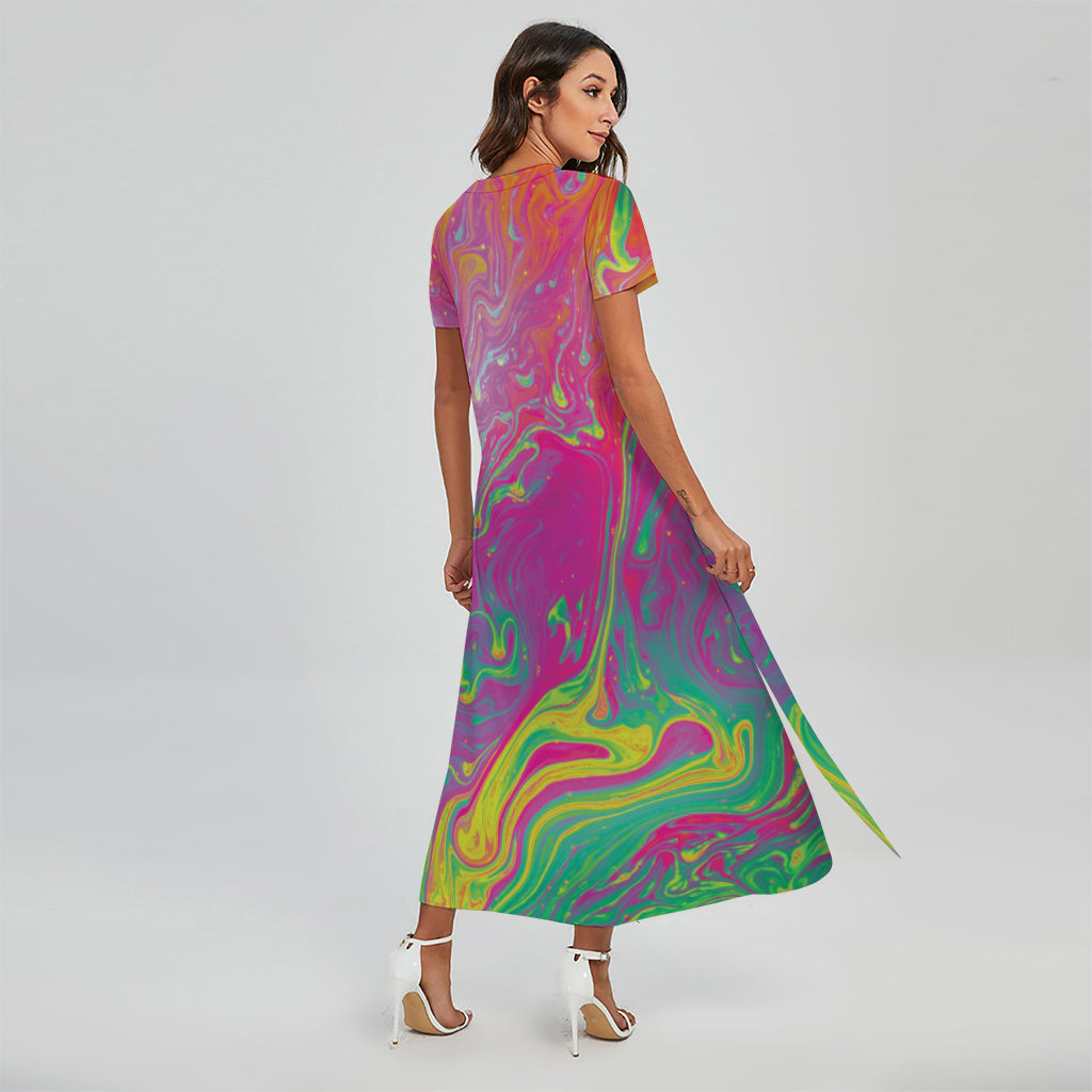 Psychedelic Formed Print Short Sleeve Maxi Dress
