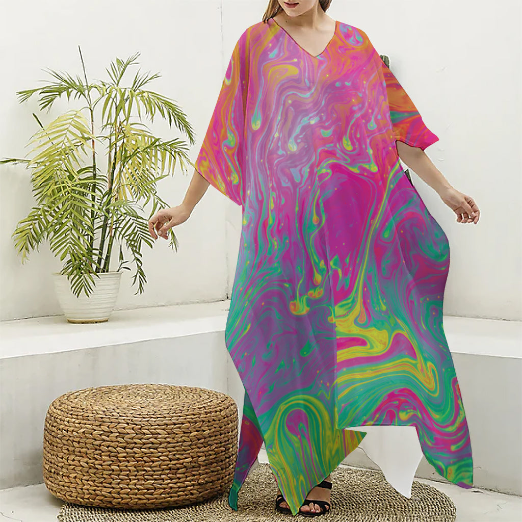 Psychedelic Formed Print Silk V-Neck Kaftan Dress