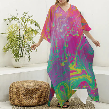 Psychedelic Formed Print Silk V-Neck Kaftan Dress