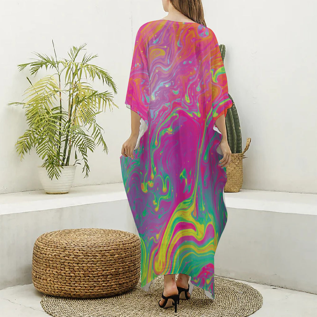 Psychedelic Formed Print Silk V-Neck Kaftan Dress