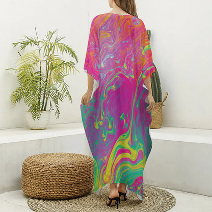 Psychedelic Formed Print Silk V-Neck Kaftan Dress