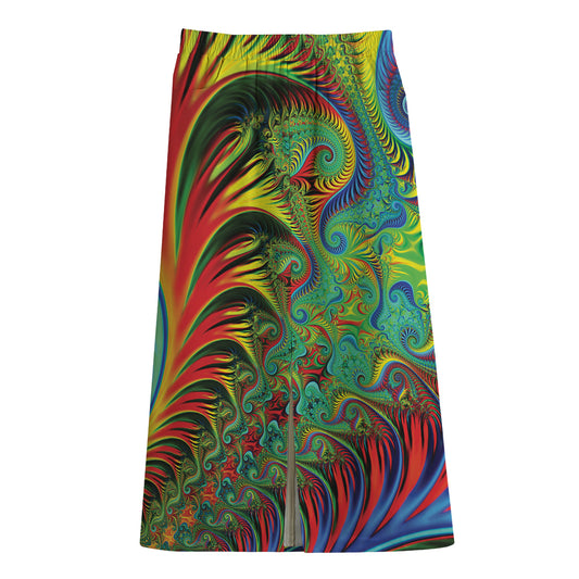 Psychedelic Fractal Print Cotton Front Slit Maxi Skirt