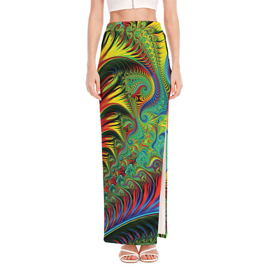 Psychedelic Fractal Print High Slit Maxi Skirt