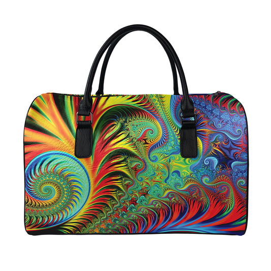 Psychedelic Fractal Print Leather Duffle Bag