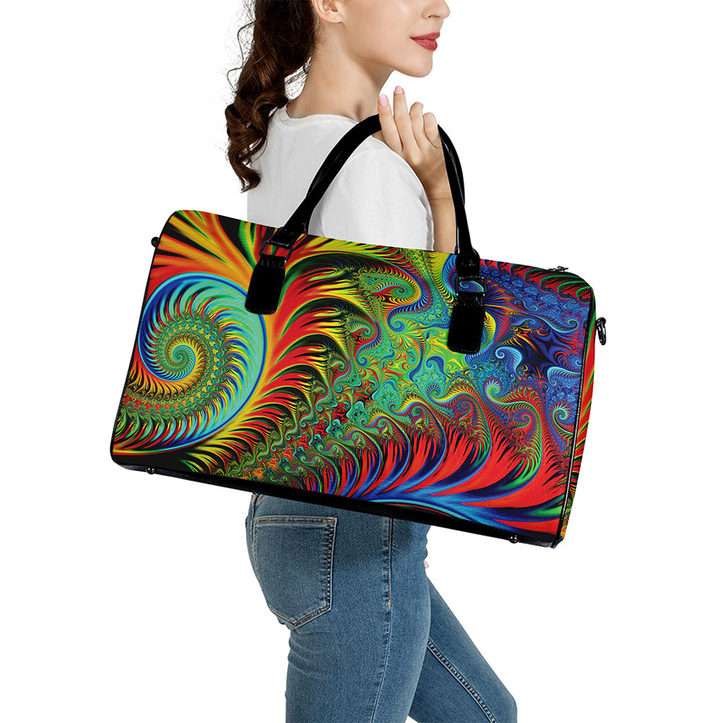 Psychedelic Fractal Print Leather Duffle Bag