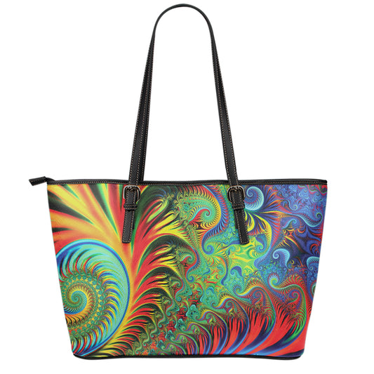 Psychedelic Fractal Print Leather Tote Bag