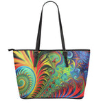 Psychedelic Fractal Print Leather Tote Bag