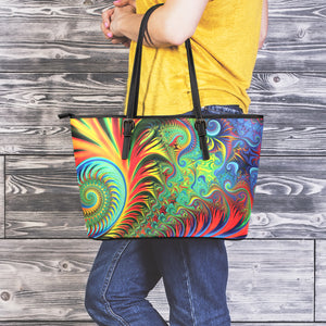 Psychedelic Fractal Print Leather Tote Bag