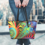 Psychedelic Fractal Print Leather Tote Bag