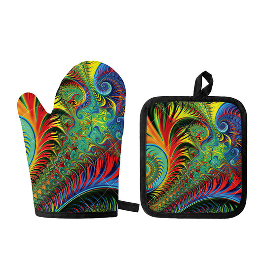 Psychedelic Fractal Print Oven Mitt And Pot Holder Set