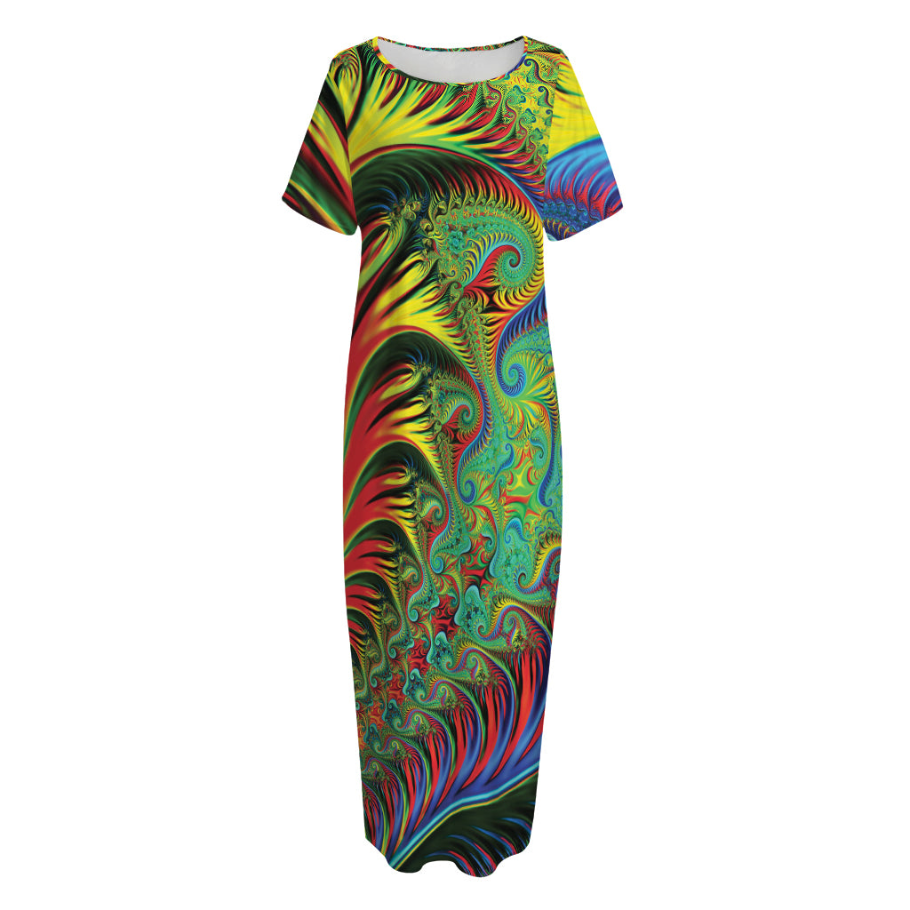 Psychedelic Fractal Print Short Sleeve Long Nightdress