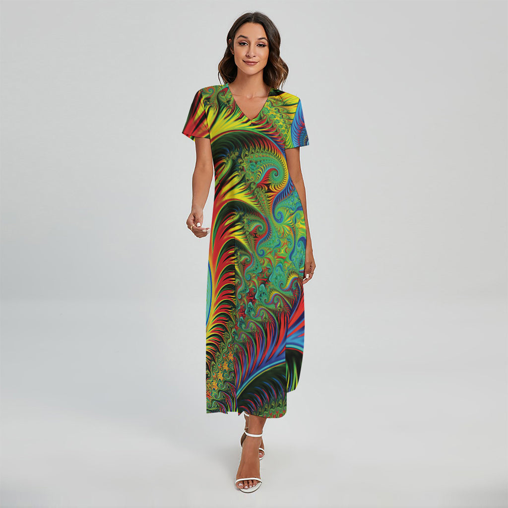 Psychedelic Fractal Print Short Sleeve Maxi Dress