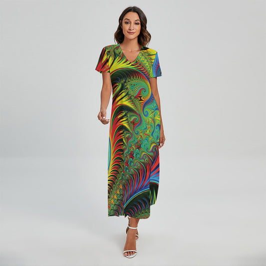 Psychedelic Fractal Print Short Sleeve Maxi Dress