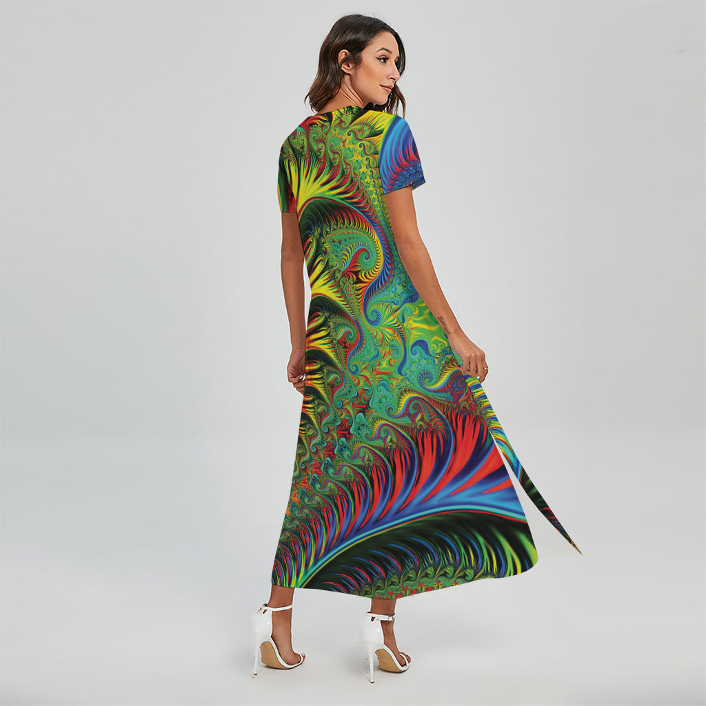 Psychedelic Fractal Print Short Sleeve Maxi Dress
