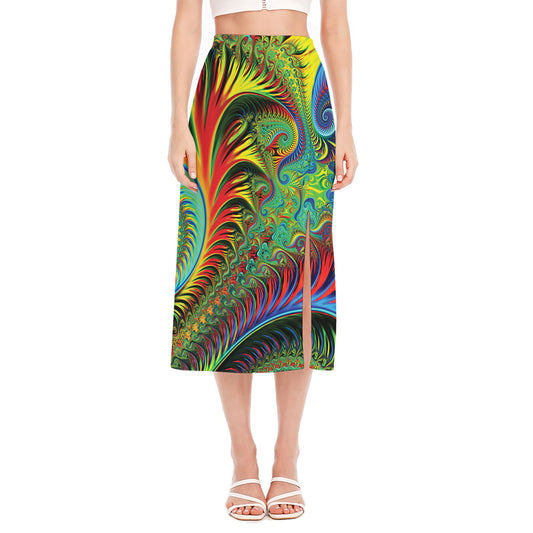 Psychedelic Fractal Print Side Slit Midi Skirt