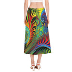 Psychedelic Fractal Print Side Slit Midi Skirt