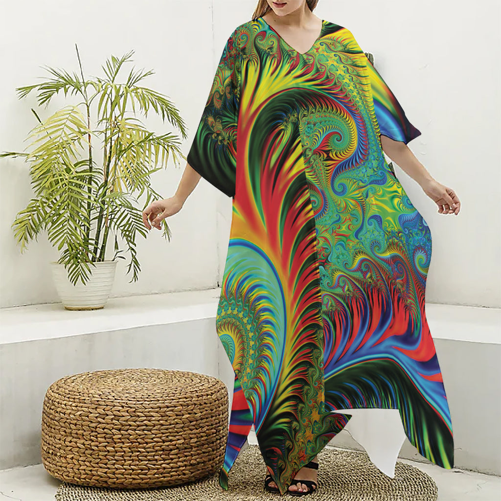Psychedelic Fractal Print Silk V-Neck Kaftan Dress