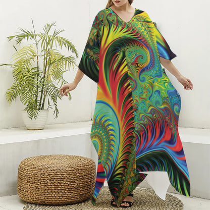Psychedelic Fractal Print Silk V-Neck Kaftan Dress