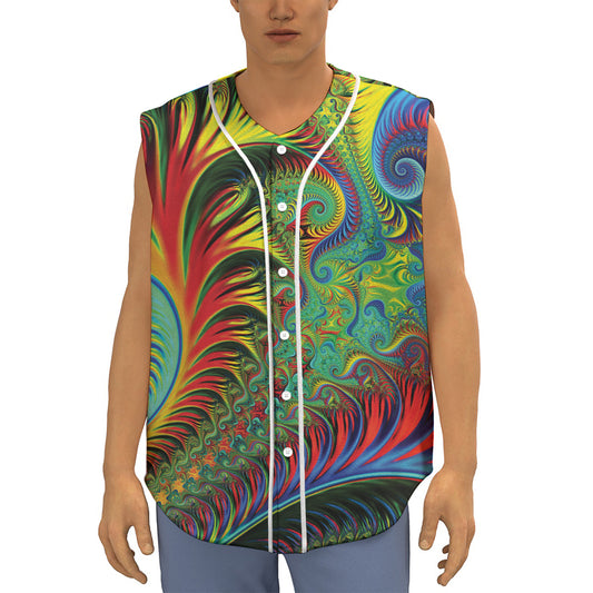 Psychedelic Fractal Print Sleeveless Baseball Jersey