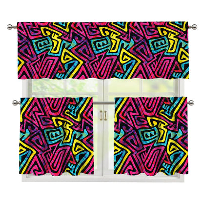 Psychedelic Funky Pattern Print 3 Piece Kitchen Curtains
