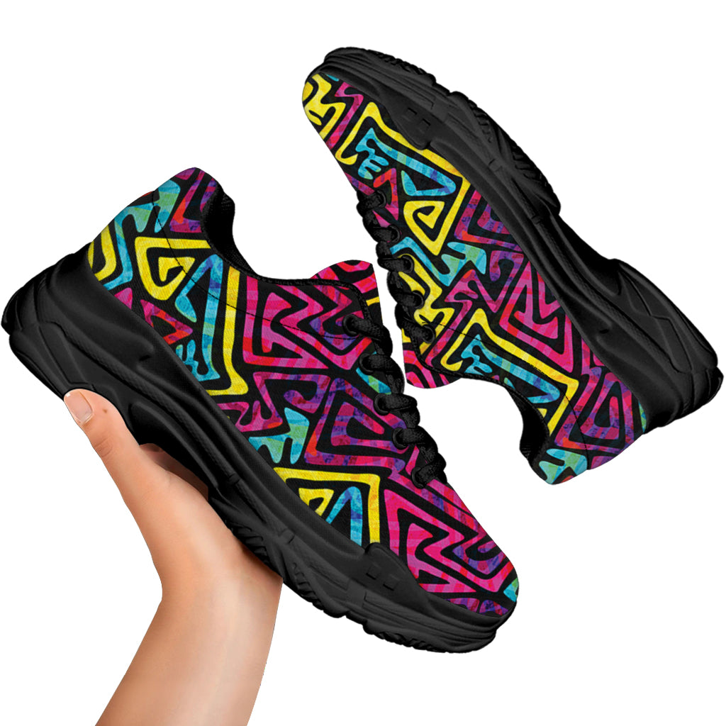 Psychedelic Funky Pattern Print Black Chunky Shoes