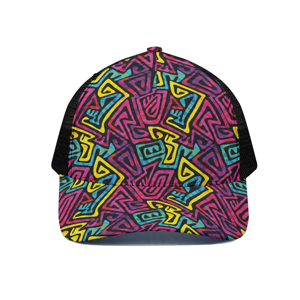 Psychedelic Funky Pattern Print Black Mesh Trucker Cap