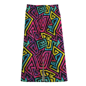 Psychedelic Funky Pattern Print Cotton Front Slit Maxi Skirt