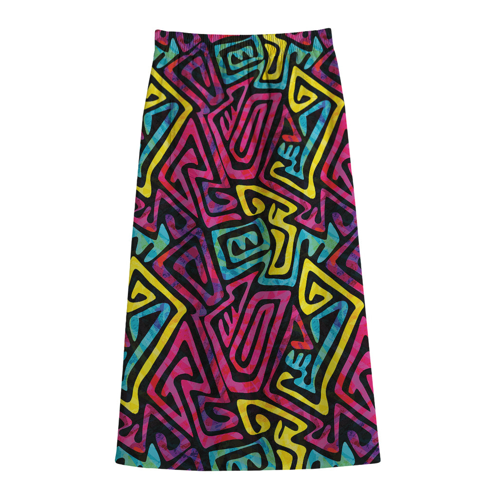 Psychedelic Funky Pattern Print Cotton Front Slit Maxi Skirt