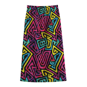 Psychedelic Funky Pattern Print Cotton Front Slit Maxi Skirt