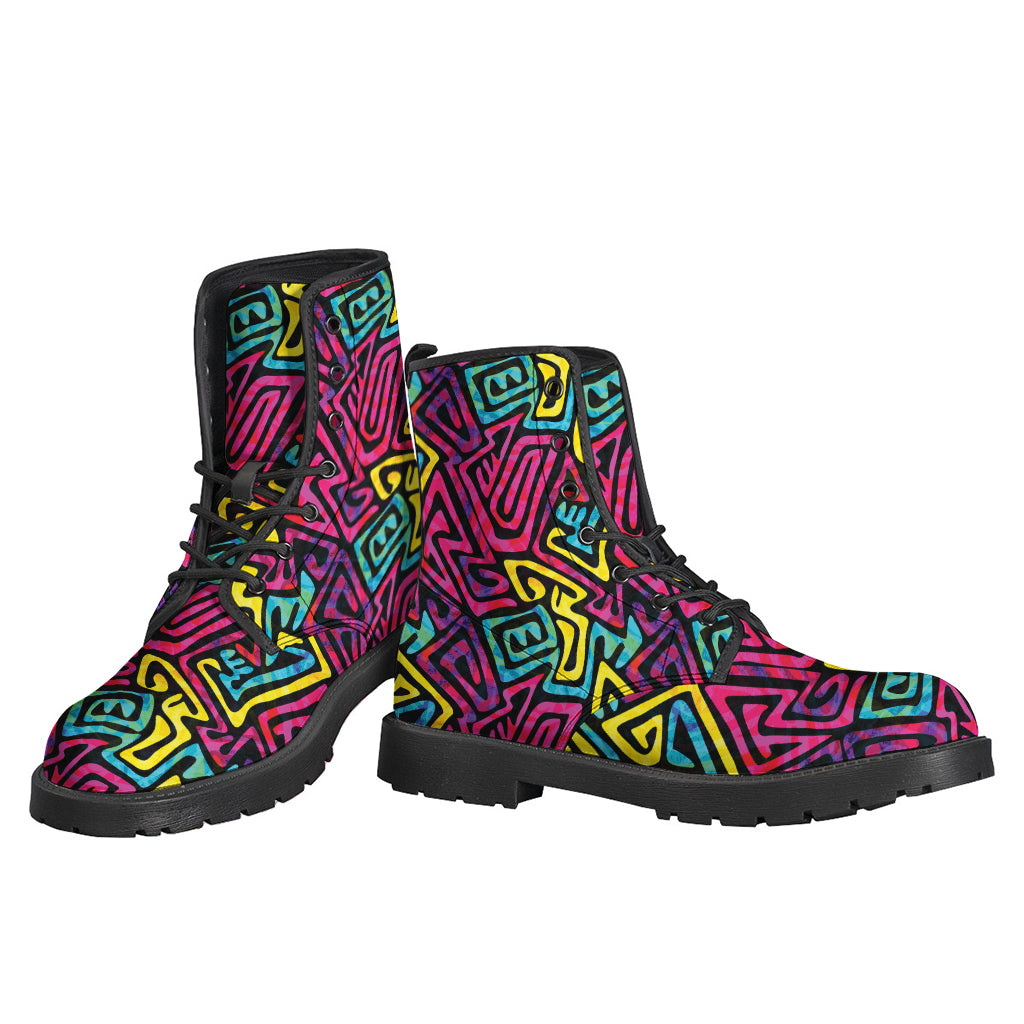 Psychedelic Funky Pattern Print Leather Boots