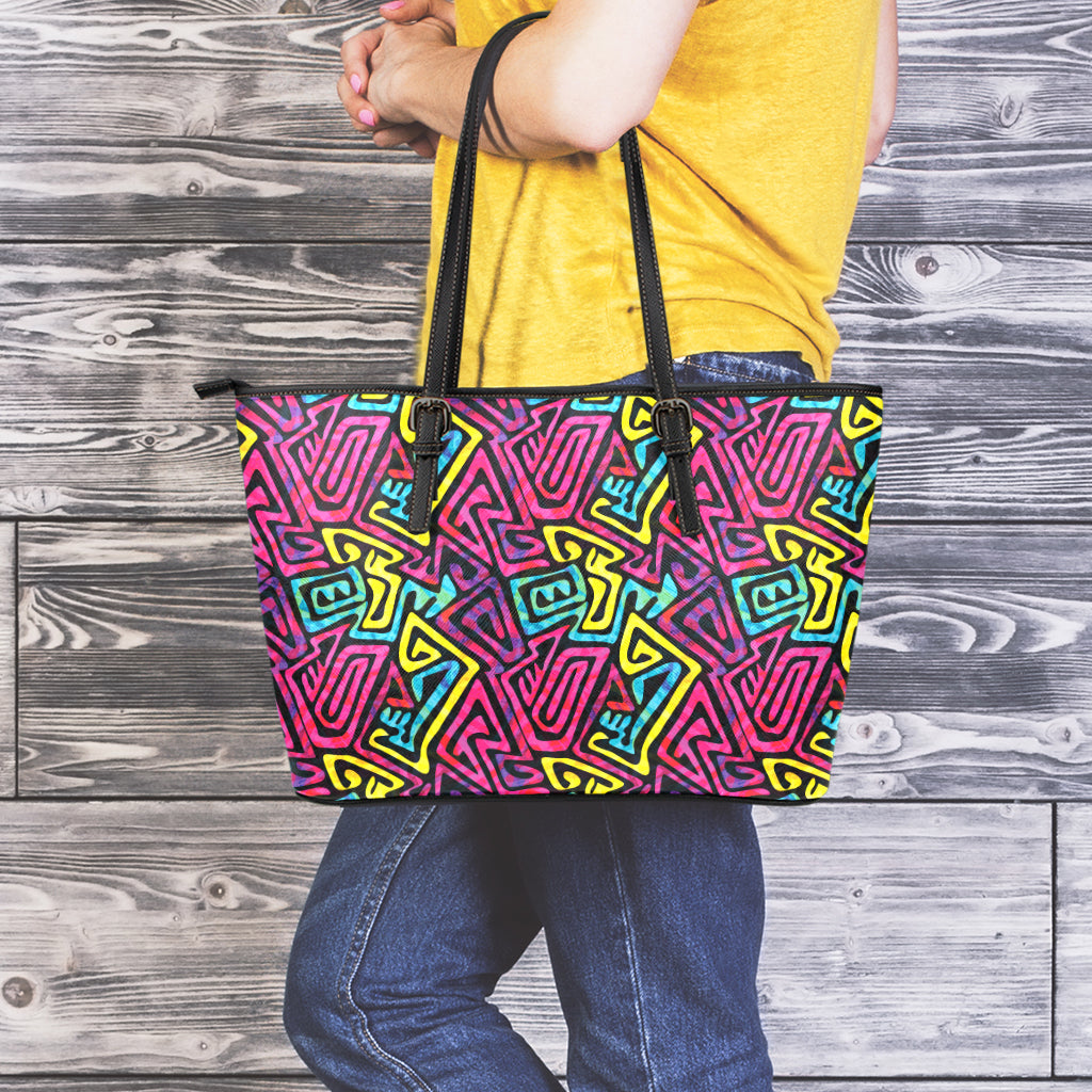 Psychedelic Funky Pattern Print Leather Tote Bag