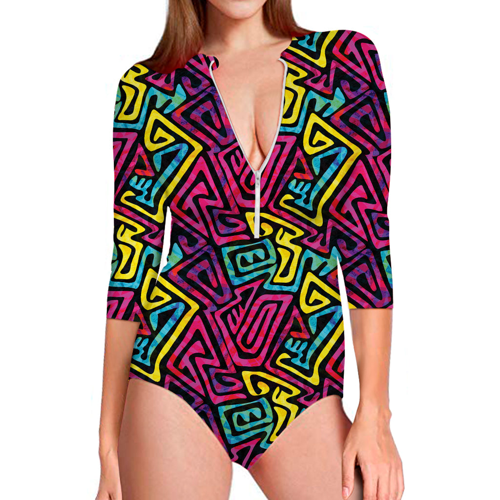 Psychedelic Funky Pattern Print Long Sleeve Swimsuit