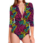 Psychedelic Funky Pattern Print Long Sleeve Swimsuit