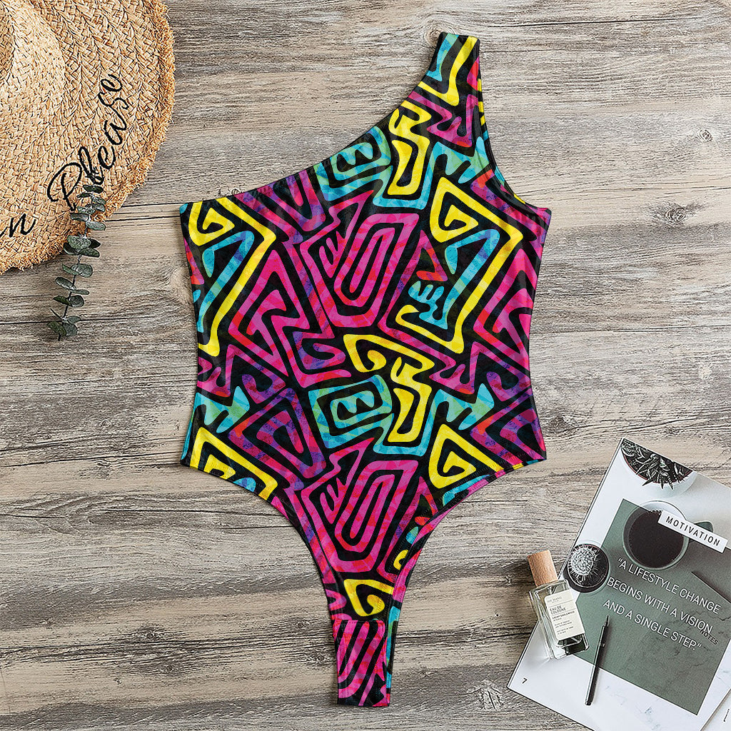 Psychedelic Funky Pattern Print One Shoulder Bodysuit