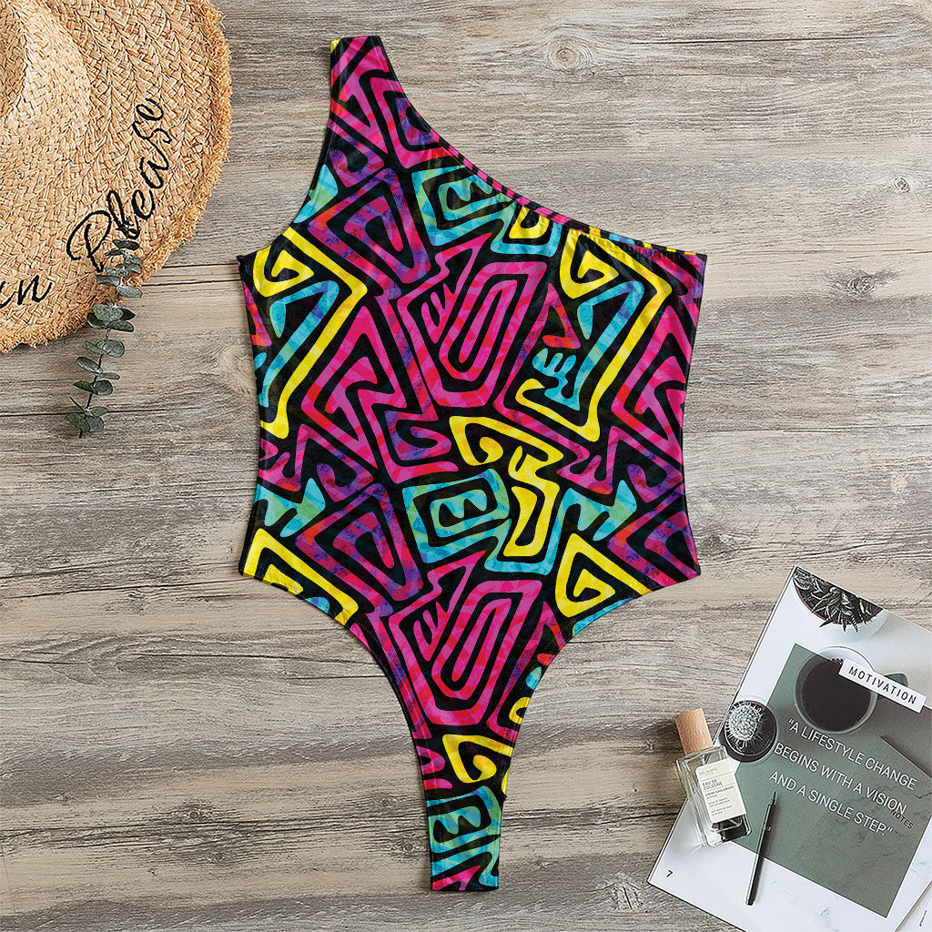 Psychedelic Funky Pattern Print One Shoulder Bodysuit