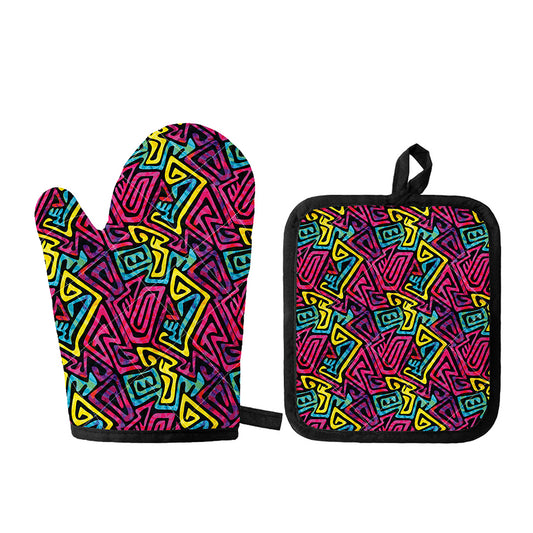 Psychedelic Funky Pattern Print Oven Mitt And Pot Holder Set