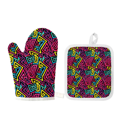 Psychedelic Funky Pattern Print Oven Mitt And Pot Holder Set