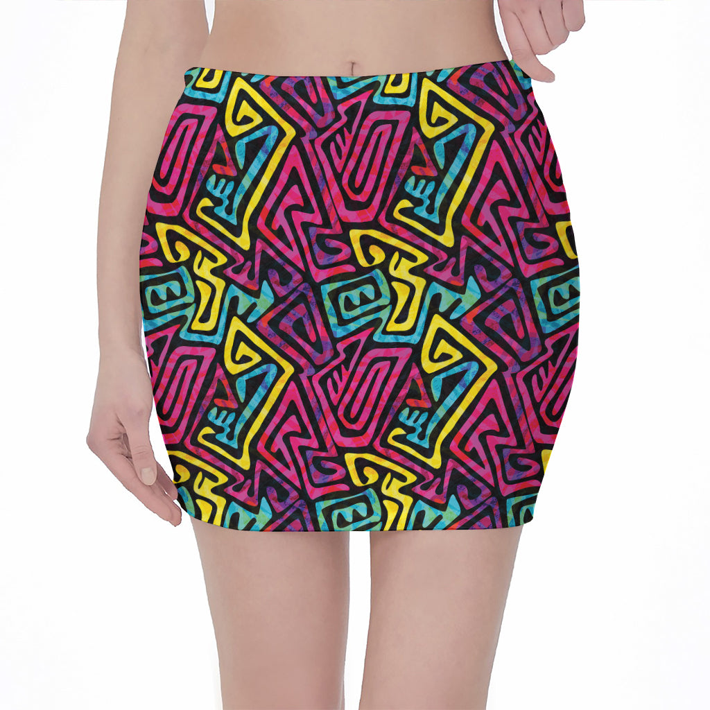 Psychedelic Funky Pattern Print Pencil Mini Skirt