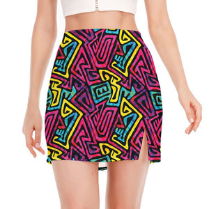 Psychedelic Funky Pattern Print Side Slit Mini Skirt