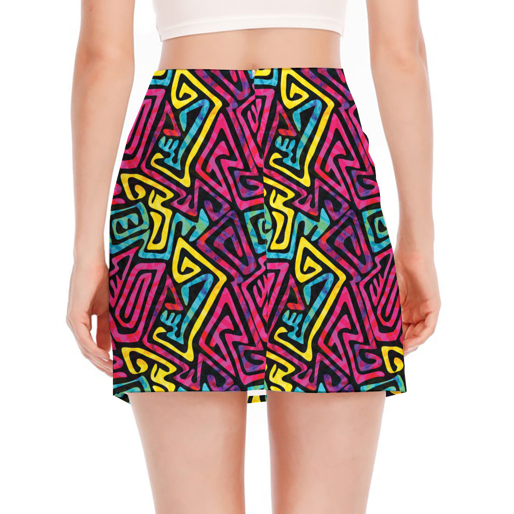 Psychedelic Funky Pattern Print Side Slit Mini Skirt