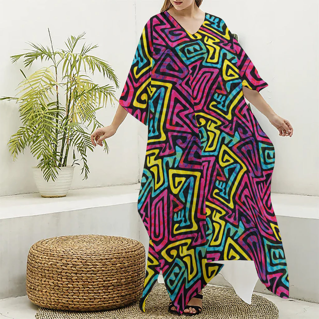 Psychedelic Funky Pattern Print Silk V-Neck Kaftan Dress