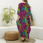 Psychedelic Funky Pattern Print Silk V-Neck Kaftan Dress