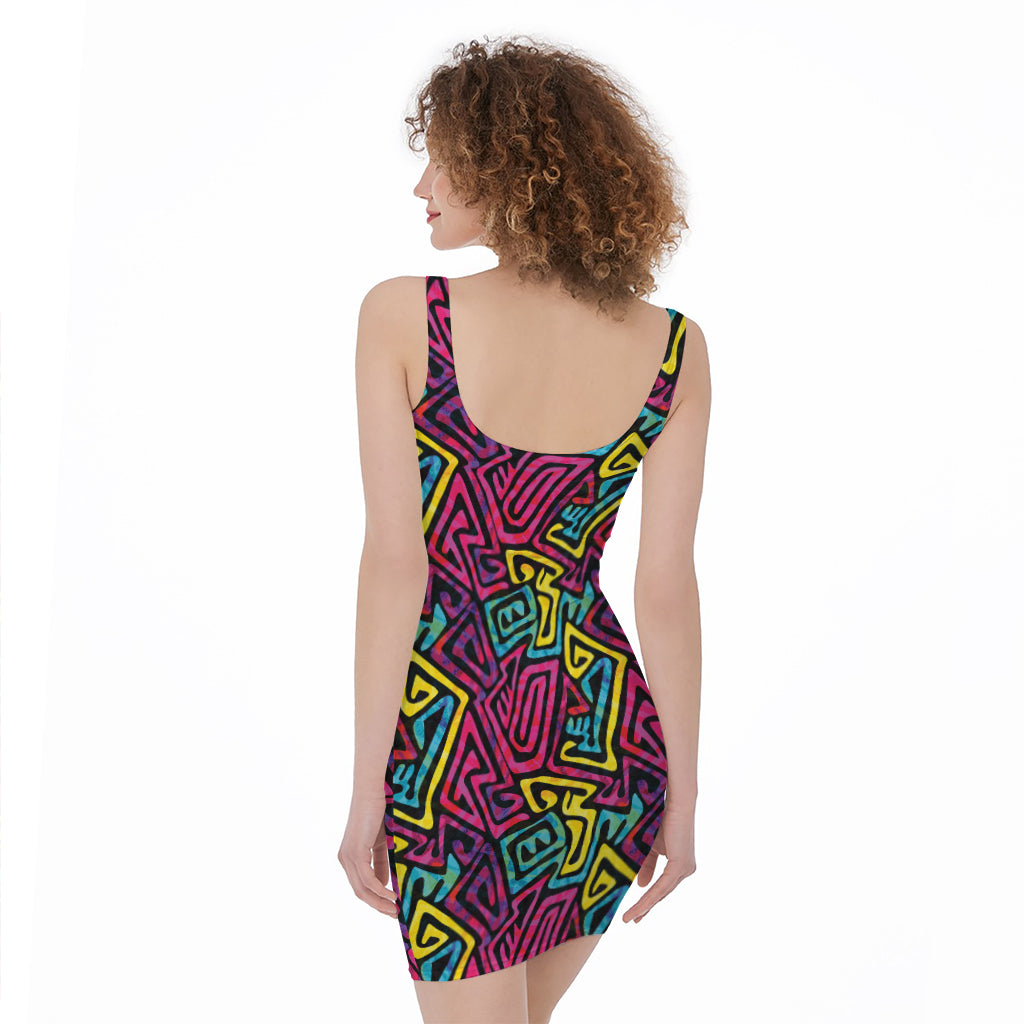 Psychedelic Funky Pattern Print Sleeveless Bodycon Dress