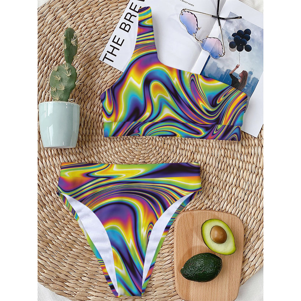 Psychedelic Gradient Print One Shoulder Bikini Top