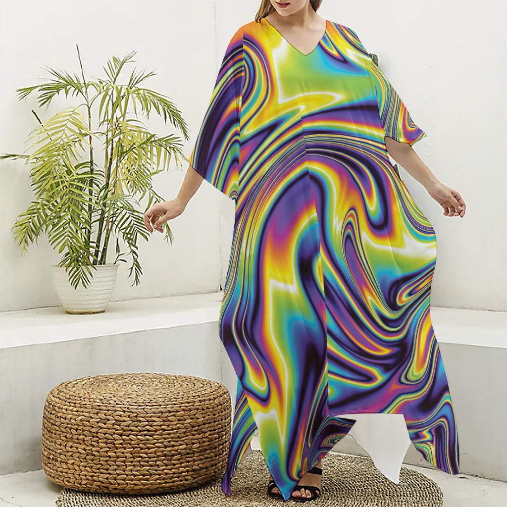 Psychedelic Gradient Print Silk V-Neck Kaftan Dress