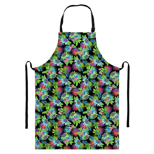 Psychedelic Hawaiian Flower Print Bib Apron With Pocket