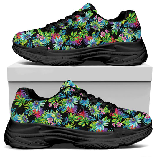 Psychedelic Hawaiian Flower Print Black Chunky Shoes